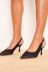 Black Diamond Embellished Slingback Heels - Carmen