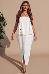 White Tassel Trim Shoulder Top & Maxi Skirt Co-Ord Set - Byach