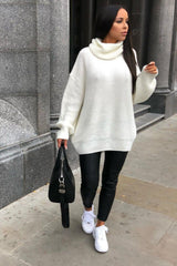 Cream Knitted Oversized Polo Neck Jumper - Polly