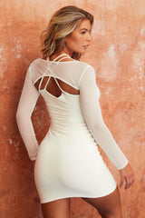 Cream Mesh Long Sleeve Lace Up Bodycon Mini Dress - Mila