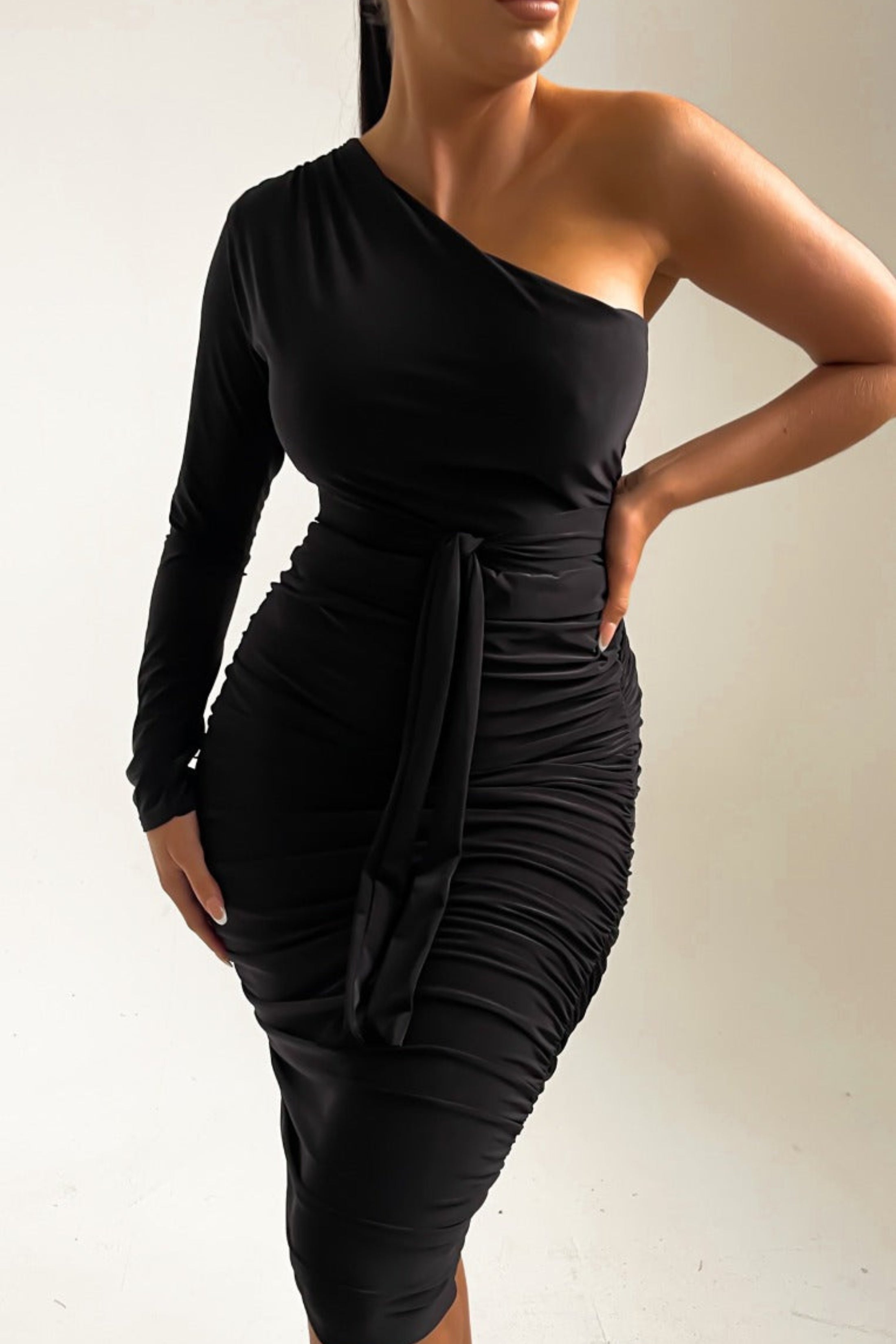 Black One Shoulder Ruched Slinky Midi Dress - Savannah Black One Shoulder Ruched Slinky Midi Dress - Savannah