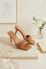 Camel Reversible Plait Strap Square Toe Heeled Mules - Juana