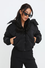 Black Cropped Padded Long Sleeve Zip Front Shower Proof Jacket - Harper