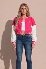 Hot Pink Varsity Slogan Contrast Sleeve Bomber - Hallie