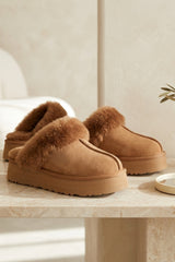 Camel Faux Suede Platform Slipper Mules - Moix