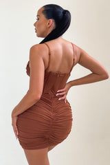 Chocolate Mesh Ruched Corset Strappy Bodycon Mini Dress - Penny