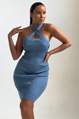 Dusky Blue Knitted Cut Out Crossover Halter Neck Bodycon Mini Dress - Elena