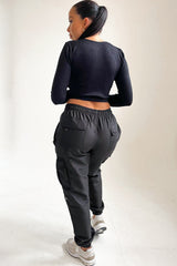 Black Drawstring Elasticated Waist Cuffed Pocket Parachute Trousers - Love