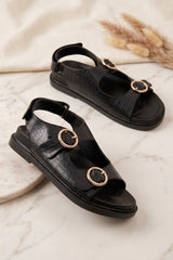 Black Croc Buckle Strap Flat Sandals - Viyra
