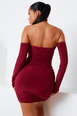 Wine Slinky Ruched Bardot Long Sleeve Cut Out Tie Front  Bodycon Mini Dress - Zion