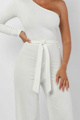 White Belted One Shoulder Jumpsuit - Evelyn