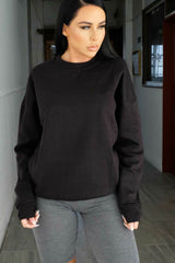 Black Oversized Crew Neck Rib Cuff & Hem Long Sleeve Sweatshirt- Melanie