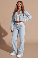 Light Blue Cropped Denim Jacket With Pockets - Desta