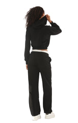 Black Cropped Zip-Up Hoodie with Wide Leg Joggers Statement Patch Loungewear Set – Zaria