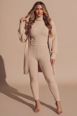 Dusty Pink Ribbed Knitted 3 Piece Loungewear Set-Jinet