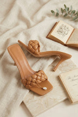 Camel Reversible Plait Strap Square Toe Heeled Mules - Juana