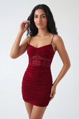 Rust Mesh Ruched Sheer Panel Strappy Bodycon Mini Dress - Hester