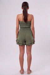Khaki Shirred Bandeau Frill Hem Playsuit-Lureva