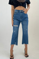 Blue Dark Wash High Waisted Distressed Cropped Flare Leg Jeans- Juliette