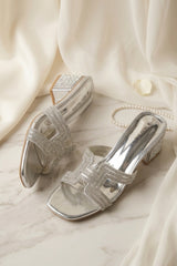 Silver Diamanté Cut-Out Block Heel Mule Sandals - Jara