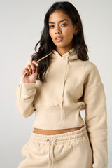 Stone Long Sleeve Cropped Fleece Hoodie & Cuffed Joggers Loungewear Set - Layla
