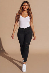 Black High Waisted Button Up Eyelet Detail Skinny Jeans - Flina