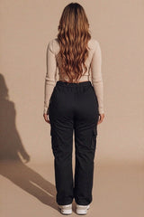 Black High Waisted Button Up Three Side Pocket Straight Leg Cargo Trousers - Violetta