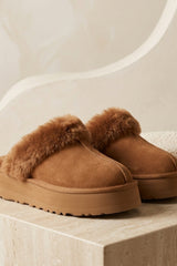 Camel Faux Suede Platform Slipper Mules - Moix