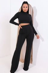Black High Neck Long Sleeve Crop Top High Waisted Trousers Seam Detail Co-ord - Selah