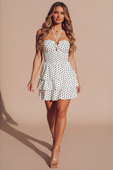Cream Polka Dot Tiered Frill Halterneck Mini Dress- Joyna
