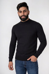 Mens Black Ribbed High Neck Long Sleeve Jumper - Turtle
