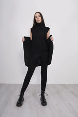 Black Ribbed Knitted 3 Piece Loungewear Set-Jinet