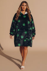 Black Leaf Print Oversized Blanket Fleece Hooded -  Pomni
