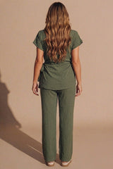 Khaki Tie Side Relaxed Fit Top And Wide Leg Trousers - Cheese