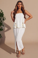 White Tassel Trim Shoulder Top & Maxi Skirt Co-Ord Set - Byach