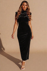 Black Velvet Shoulder Pad Midi Dress- Miea