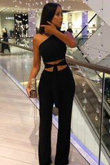 Black Tie Front Slinky One Shoulder Wide Leg Jumpsuit - Heather