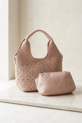 Pink Laser Cut Shoulder Bag With Matching Zip Pouch - Naeo