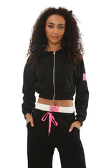 Black Cropped Zip-Up Hoodie with Wide Leg Joggers Statement Patch Loungewear Set – Zaria