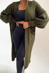 Khaki Knitted Long Sleeve Midi Cardigan - Georgia