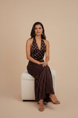 Chocolate Polka Dot Maxi Skirt & Halter Neck Top Co-ord Set- Jaune