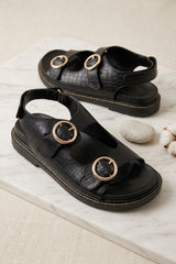 Black Croc Buckle Strap Flat Sandals - Viyra