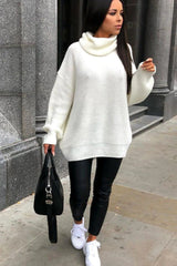Cream Knitted Oversized Polo Neck Jumper - Polly