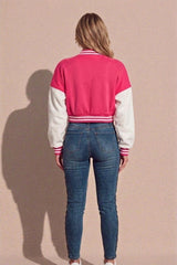 Hot Pink Varsity Slogan Contrast Sleeve Bomber - Hallie