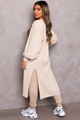 Stone Knitted Balloon Sleeve Side Split Longline Midi Cardigan- Emmy