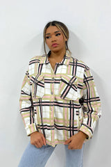 Stone Check Print Oversized Button Up Pocket Shacket - Isabella