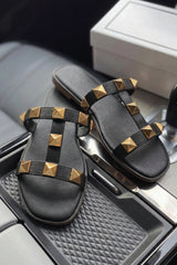 Black Gold Stud Multi Strap Flat Slider Sandals - Roibx
