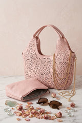 Pink Laser Cut Shoulder Bag With Matching Zip Pouch - Naeo