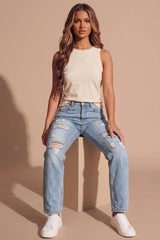 Light Blue Wash Distressed Straight Leg Jeans- Zyan