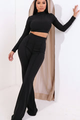Black High Neck Long Sleeve Crop Top High Waisted Trousers Seam Detail Co-ord - Selah